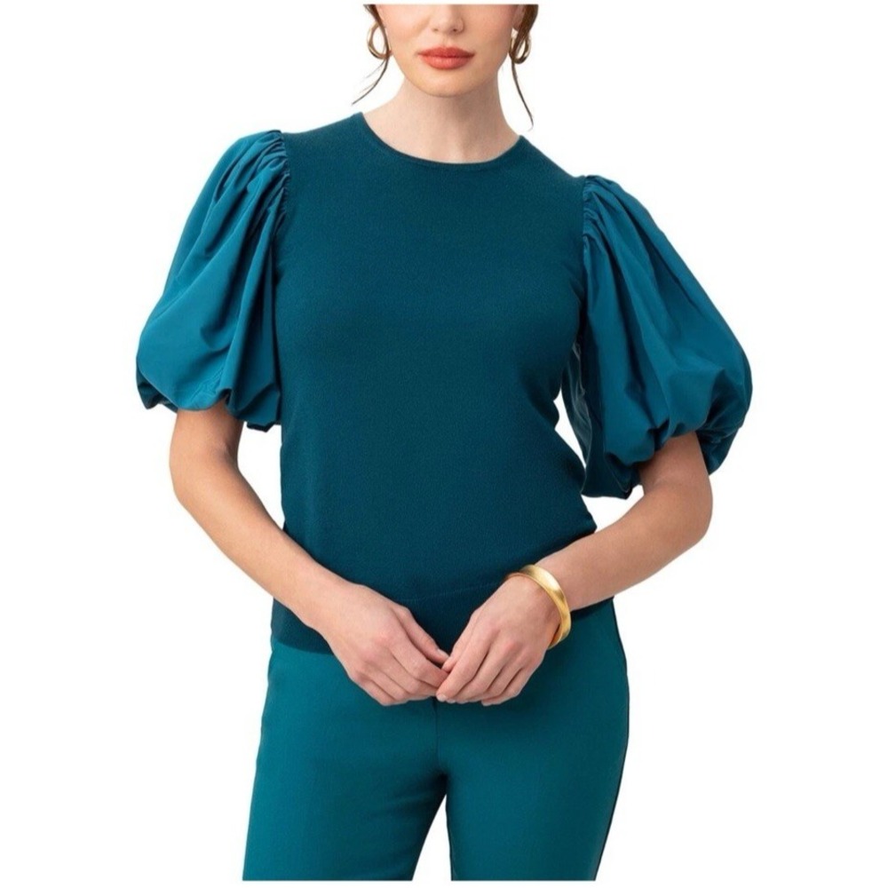 Trina Turk Merino Wool Puff Sleeve Top Womens L Teal Quiet Luxury Designer Poet